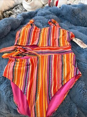 Girls' Multicolor Striped One-Piece Swimsuit with Tie Waist